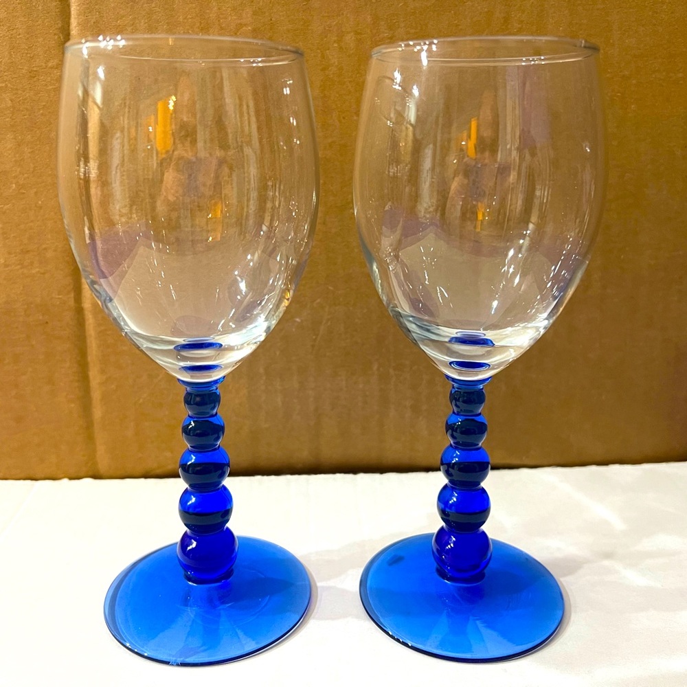 Vintage Cobalt Blue Bubble Stem and Clear Champagne Flutes (2)